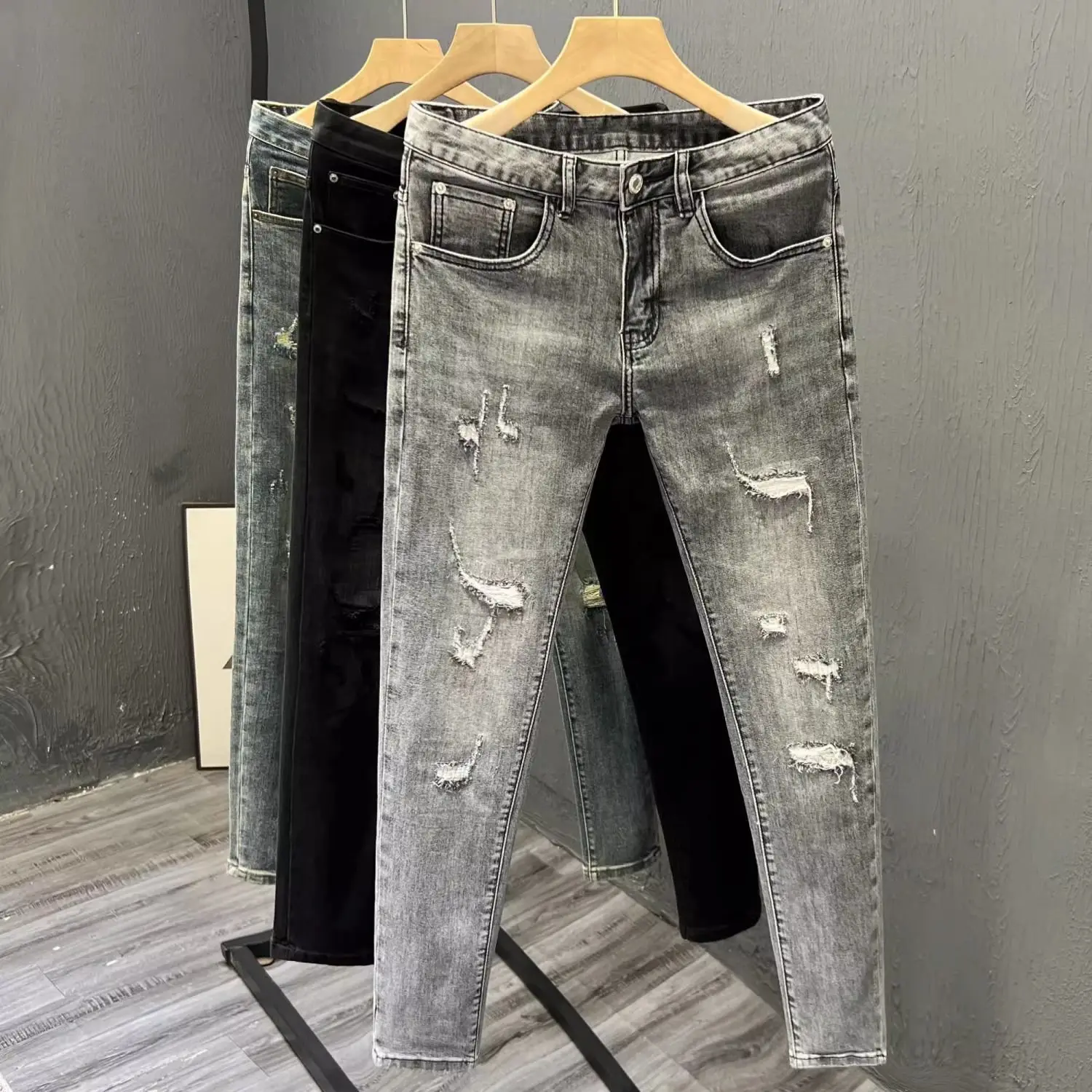 Korean Popular Clothes Luxury Brand Clothes Men's Fashion Korean Ripped Jeans Spring Summer Youth Popular Leggings Bootcut Pants