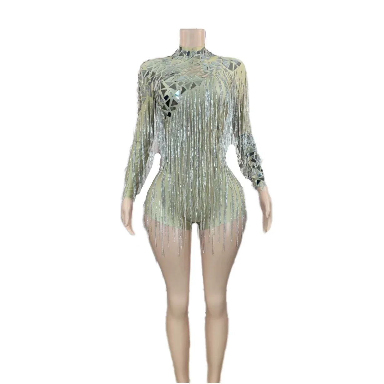 

Backless Long Sleeve Shining Rhinestones Mirror Sequins Tassel Sexy Bodysuits For Women Nightclub Party Clothing Prom Costumes