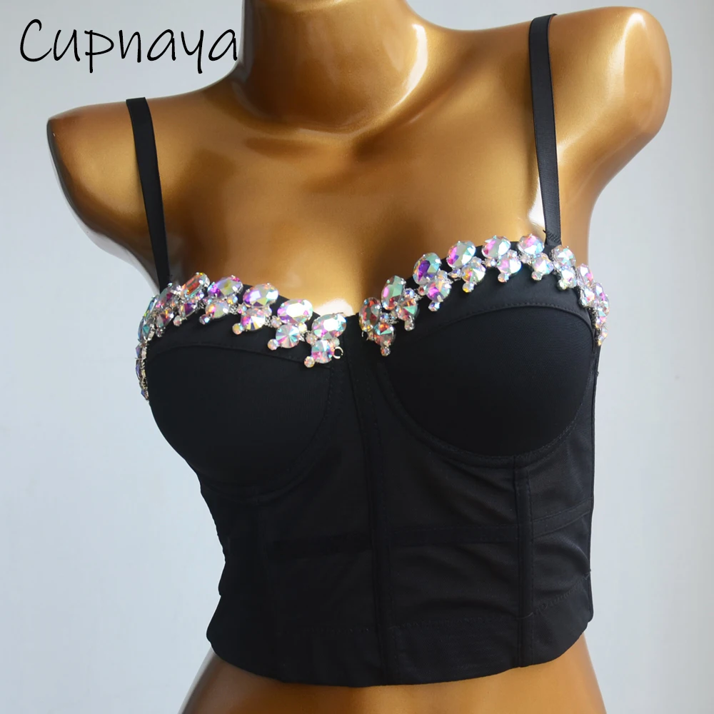 Cupnaya Glitter Crystal Women Polyester Spandex Crop Top Spaghatti Strap Bustier Gauze Corset Bralette Black White Red Khaki