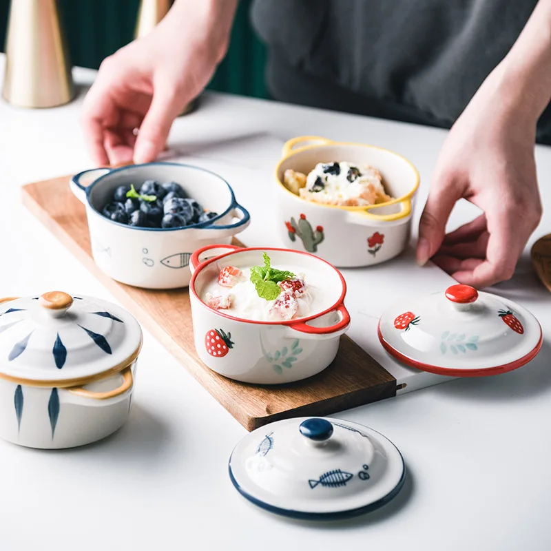 Multifunctional Kitchen Ceramic Bowl with Lid Exquisite Double-eared Noodle Ramen Salad Steamed Bowls High Appearance Tableware