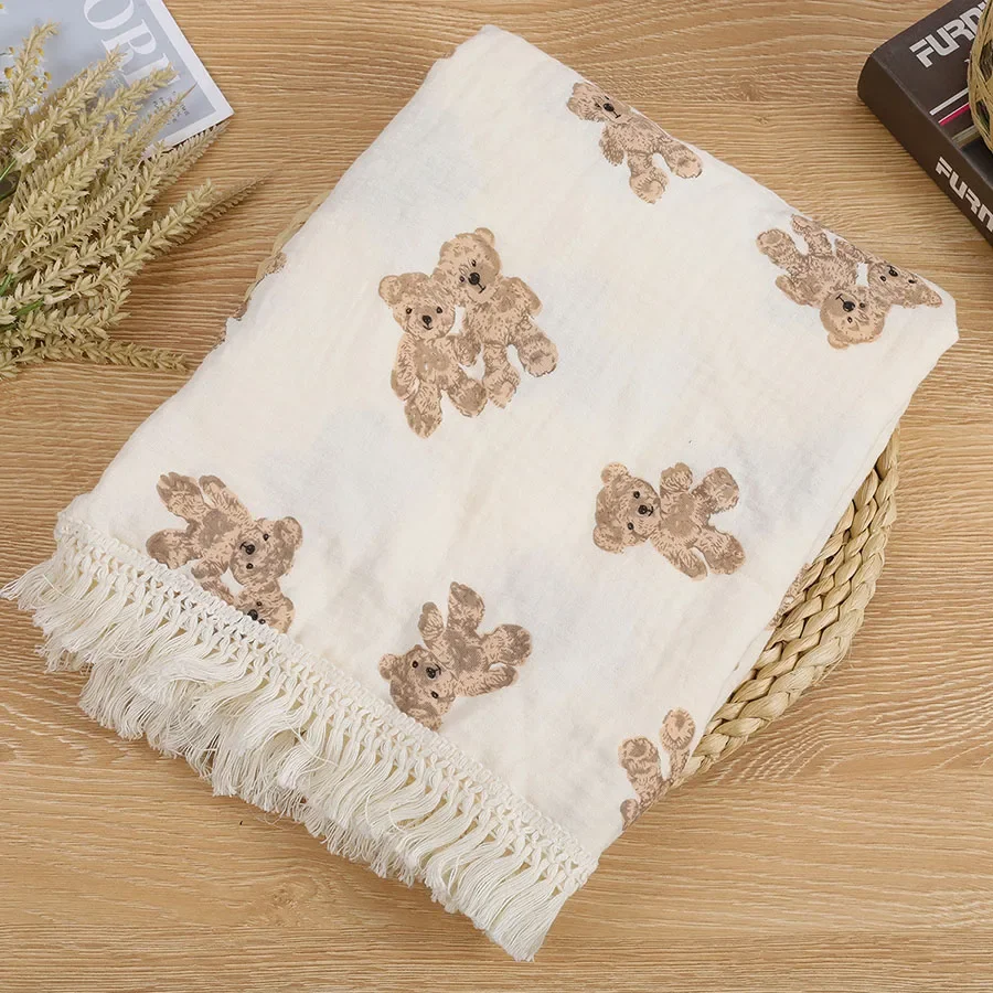 Bear Print Cotton Muslin Blanket for Newborn Baby Plaid Tassel Infant Swaddle Blankets Babies Accessories Bedding