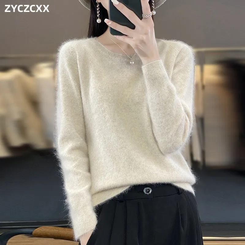 ZYCZCXX 100% Pure Mink Cashmere O Neck Sweater For Women Pullover Jacket 2023 Autumn/Winter Thickened Warm Sweater For Women