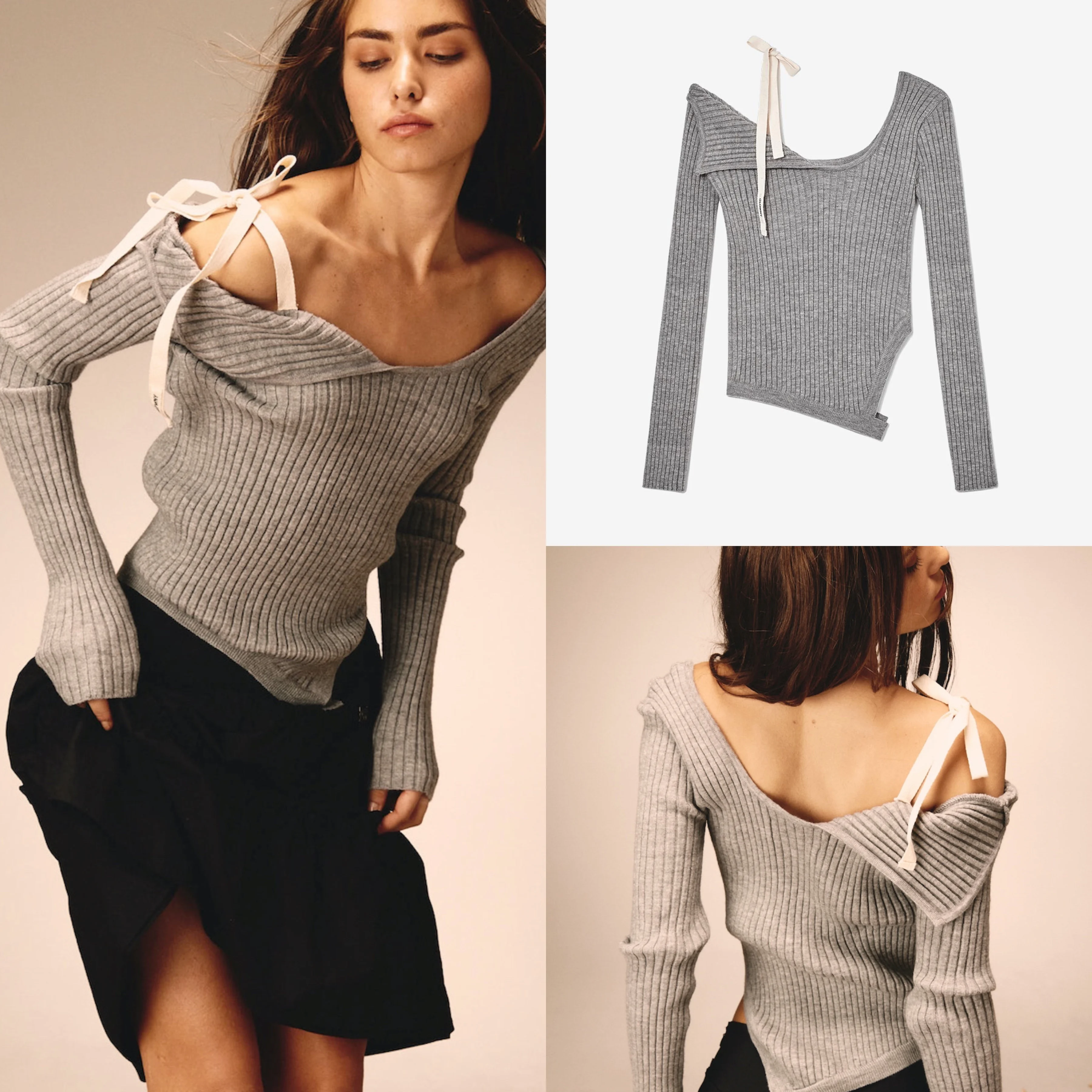 Kolor owsianki, sznurowany, dziergany top, niszowy, słodko-pikantny styl, sweter z odkrytymi ramionami, warstwa bazowa, moda damska, topy damskie 2025.