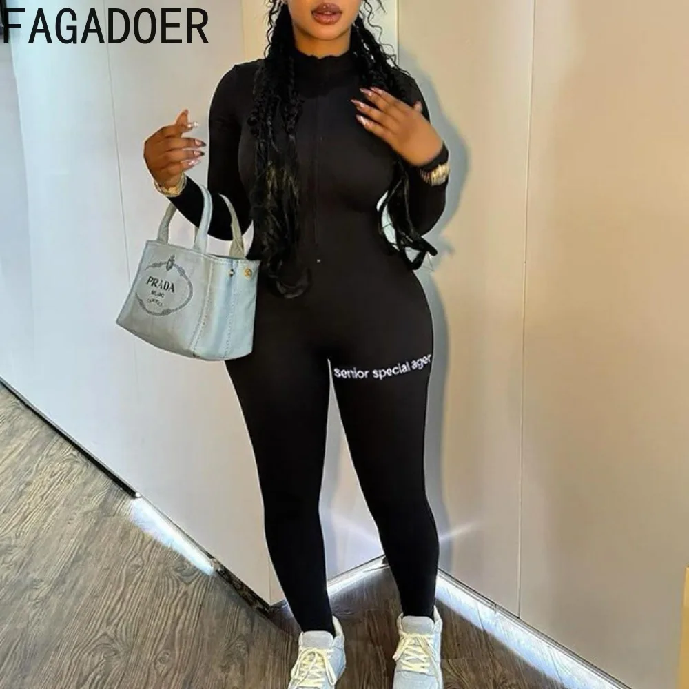 

FAGADOER Fashion Letter Embroidery Sport Jumpsuits Women Tight Zip Rib Stretchy Rompers Female Tracksuits Long Sleeve Activewear