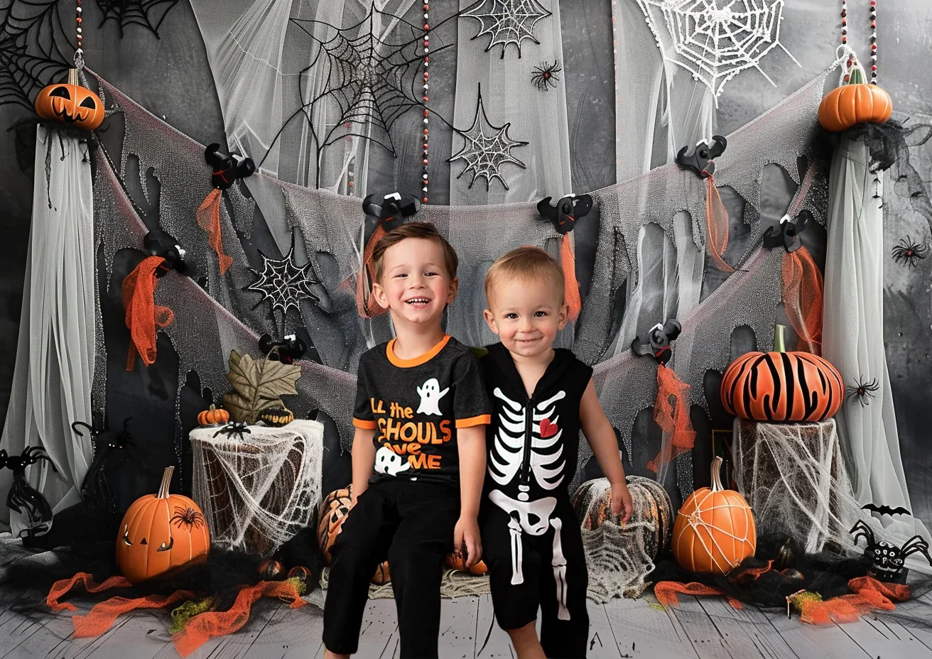 Halloween Themed Backdrop Spider Web Pumpkins Decor Colorful Ribbon Garlands Playful Elements Background Photo Studio Photo-call