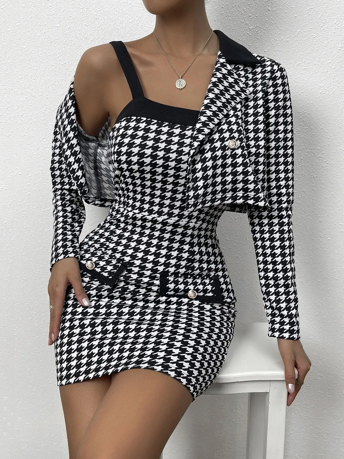 

Houndstooth Print Lapel Crop Jacket & Bodycon Mini Dress Set for Women