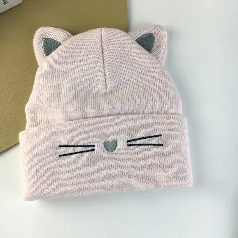 Cute Cat Embroidered Knitted Hat Outdoor Warm Ear Protection Cat Ears Wool Cap Over Head Cold Cap Street Beanies Cap Penny Cap