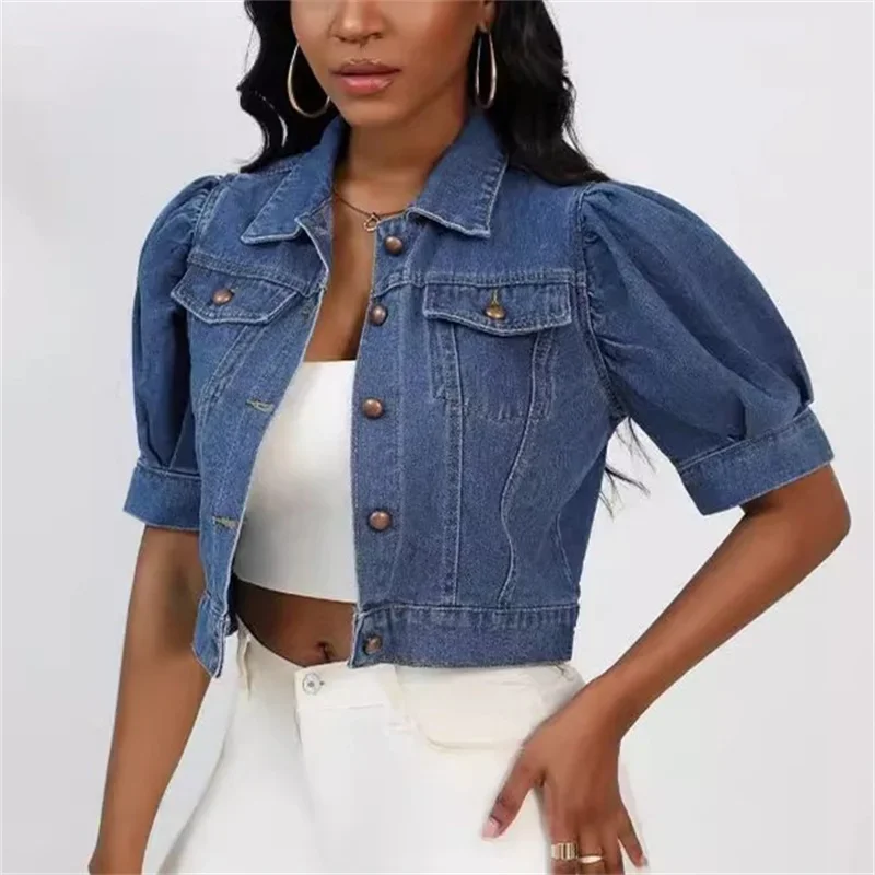 Fashion Pleated Bubble Short Sleeve Denim Jacket Women Lapel Single-breasted Cardigan Short Outerwear Daily Casual Commuter Coat