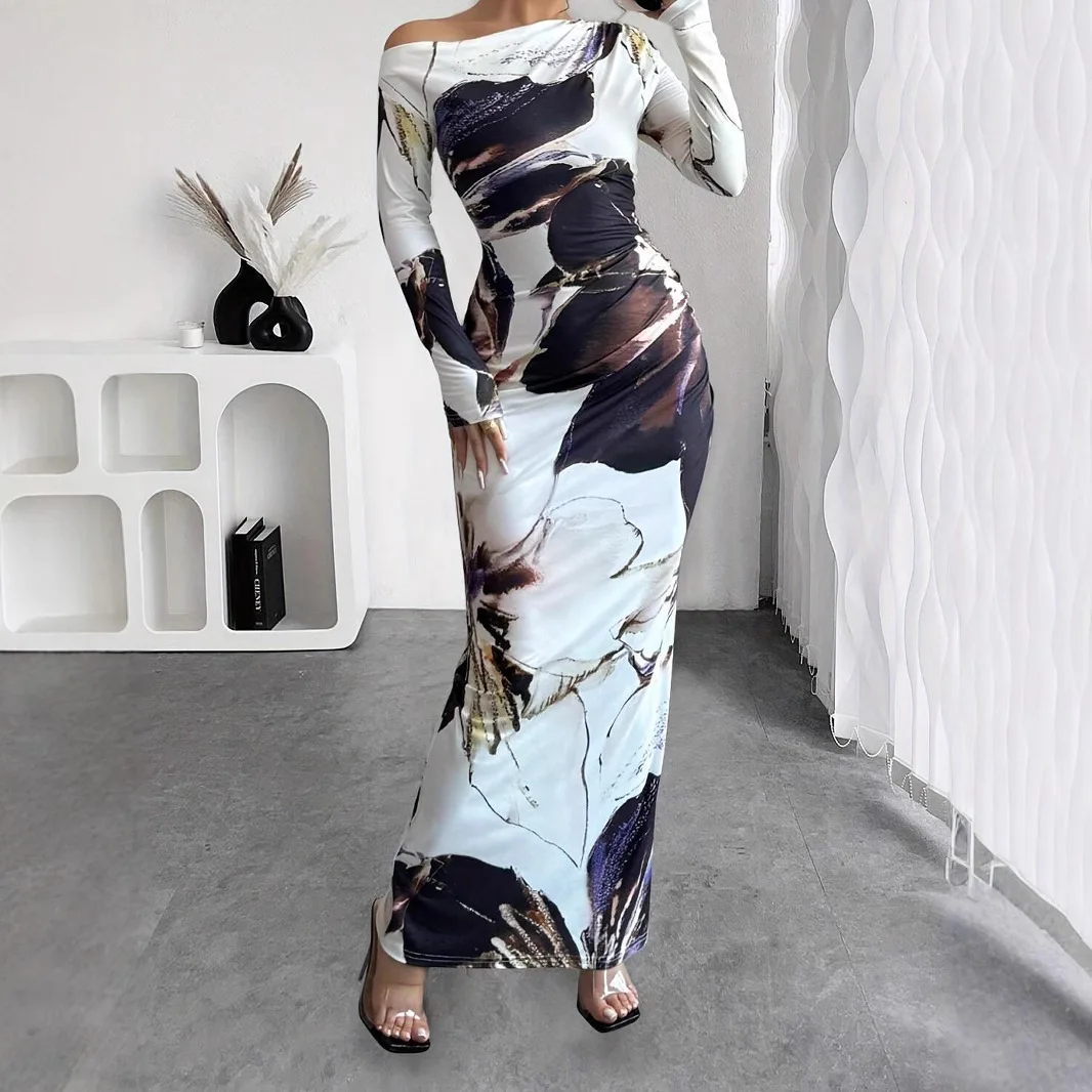 فساتين حريمي 2025 ربيع وخريف جديد خارج الكتف فستان نحيل أنيق زهرة مطبوعة خارج الكتف فساتين طويلة الأكمام الورك #4