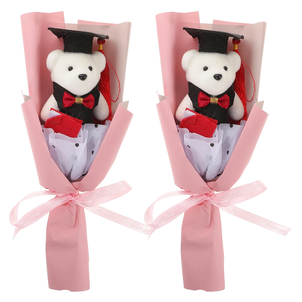

2 Pcs Bouquet of Bears Graduation Present Flower with Outdoor Decor Pink Graduate Stuffed Animal Baby