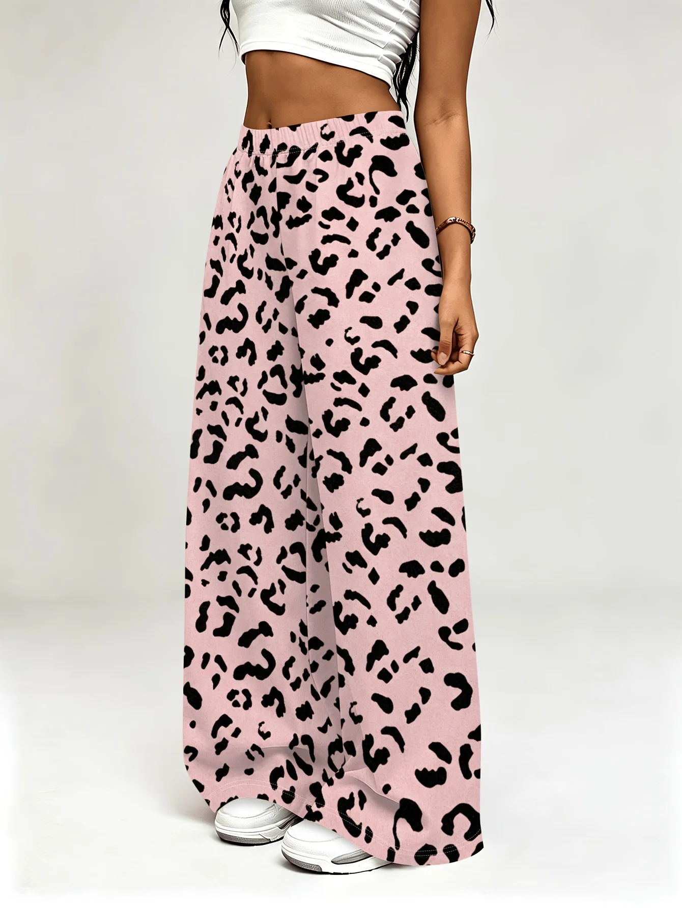 Women Quick Dry 3D Vibrant Leopard Graphic Print Trousers, Color Block Animal Print Elastic Waist Drawstring Wide Leg Pants