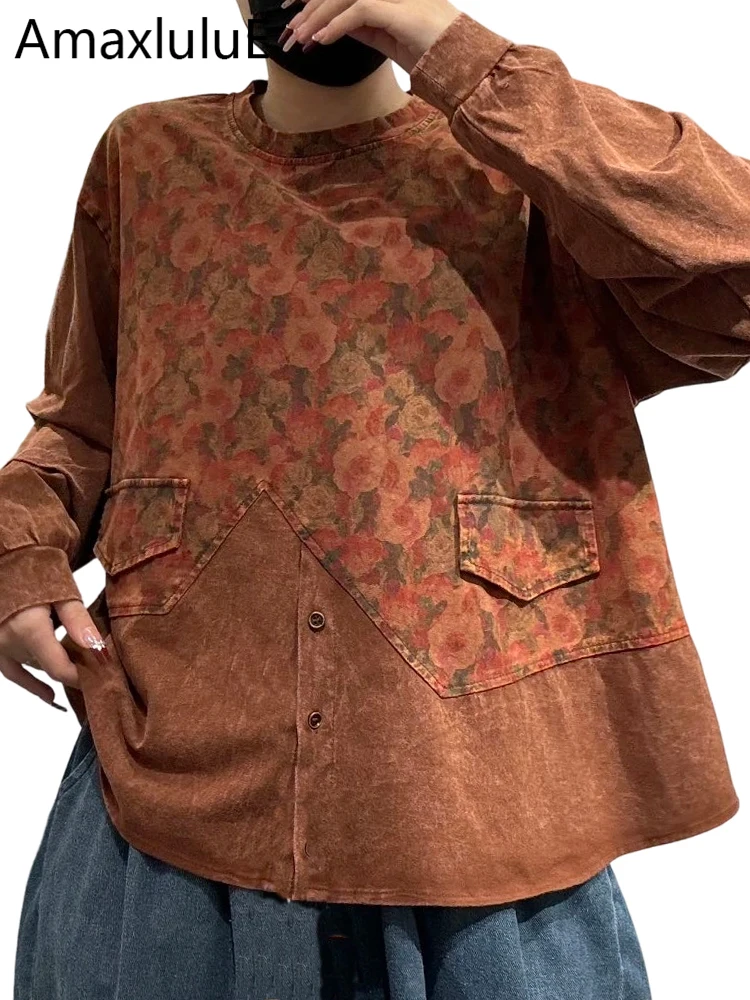 

Amax LuluE British Design Vintage Printed Tee Shirts Womens 2026 Fashion Loose Floral Tops Ladies Spring Classic O Neck Clothes