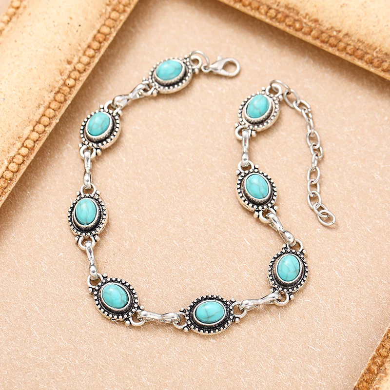 New Fashion Versatile Retro Ethnic Style Feet Chain Alloy Imitation Turquoise Feet Decoration Women\'s Festival Party Accessories