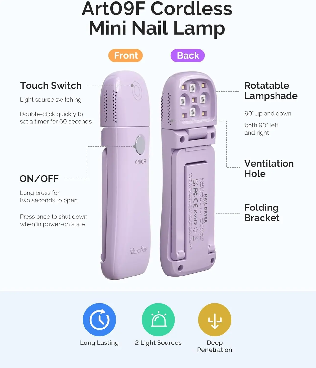 折りたたみ式コードレスUVネイルランプP-Art09F、スタンド付き、充電式LEDライト、タッチパネル、2-in-1ジェル硬化対応