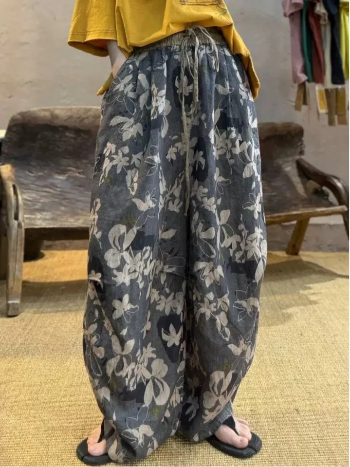 Retro Print Linen Wide Leg Pants Women Summer Thin Casual Loose Waist Straight Nine Points Pants Commute Style High Waist