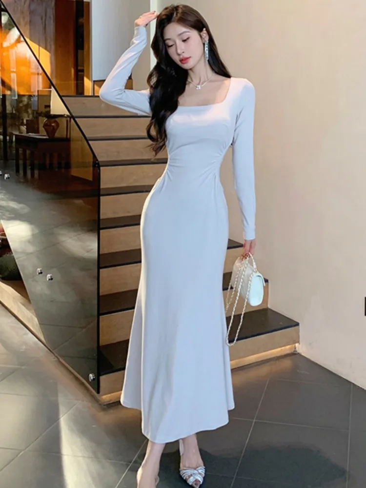 

Elegant Party Dresses Woman Korean Solid Square Collar Long Sleeve Bodycon Wedding Birthday Midi Dress Slim Prom Vestidos Robe