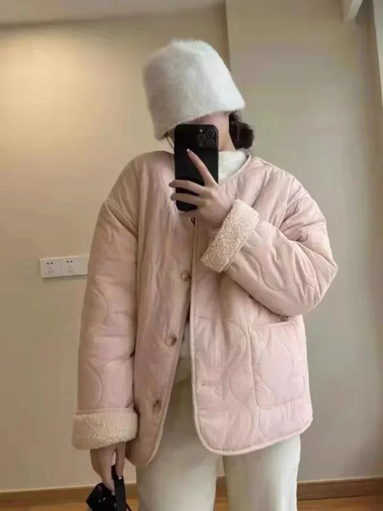 Autumn Winter Korean Fashion Cute Down Coat Women Solid Single Breasted O-neck Cotton Jacket Female Casual Office Lady Clothes