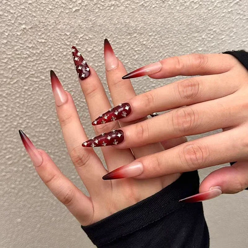 Heavy Industry Blood Red Diamond Manicure Wearing Nail Slightly Transparent Blood Red Nude Gradual Change Flash Diamond White