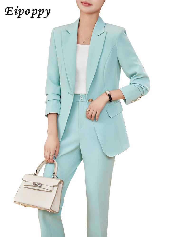 

Fashion Ladies Blazer Pant Suit Women Green Blue Apricot Black Female Business Work Wear Jacket and Trouser Formal 2 Piece Set