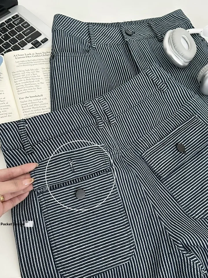 Blue Striped Wide Leg Jeans Women's Loose Casual Straight Cut Trousers Versatile Autumn New Sle Ladies Faion