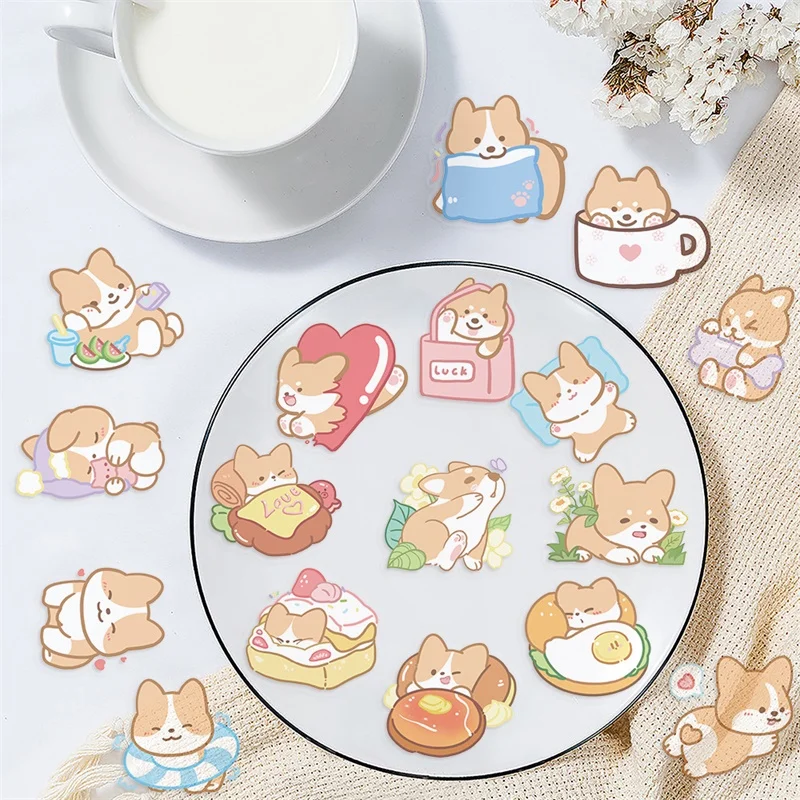 50 buah Kawaii Corgi hewan peliharaan stiker lengket alat tulis Korea estetika dekorasi transparan buku tempel perlengkapan sekolah untuk anak-anak