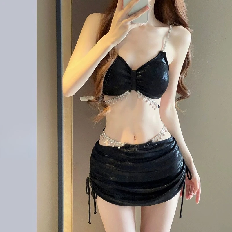 New Solid Color Rhinestone Shoulder Strap Gathered Drawstring Skirt Style Bikini Three Piece Swimsuit