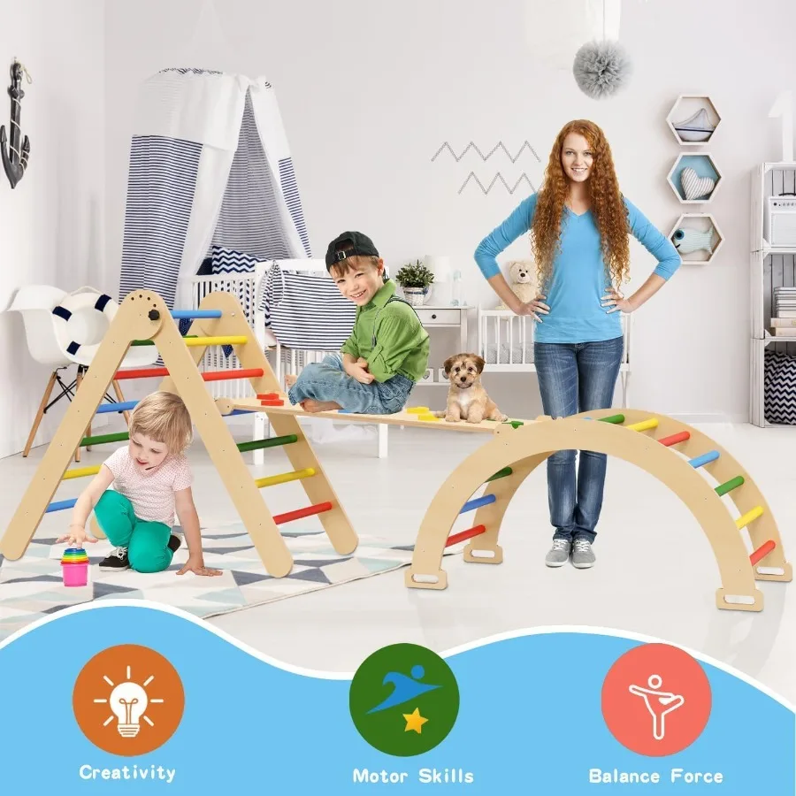 Pikler triângulo conjunto 5 em 1 dobrável montessori brinquedos de escalada de madeira bebê alpinista com arco rampa e escada interior selva ginásio para