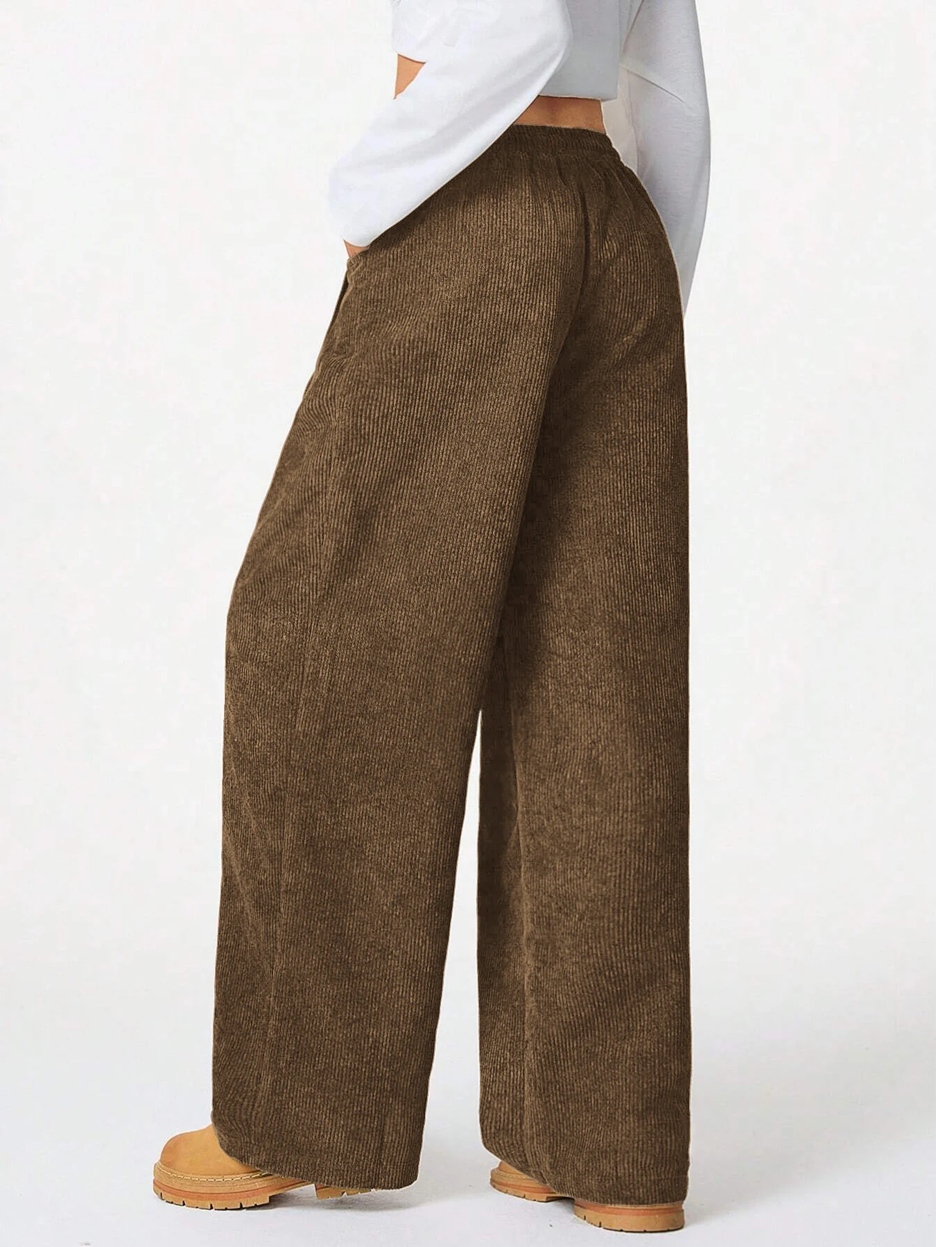 Damen Retro Cord Cargo-Hose Lässige Kordelzug Gerade Sporthose Fließende Alltags-Pendlerhose mit Weitem Bein – Detail 28