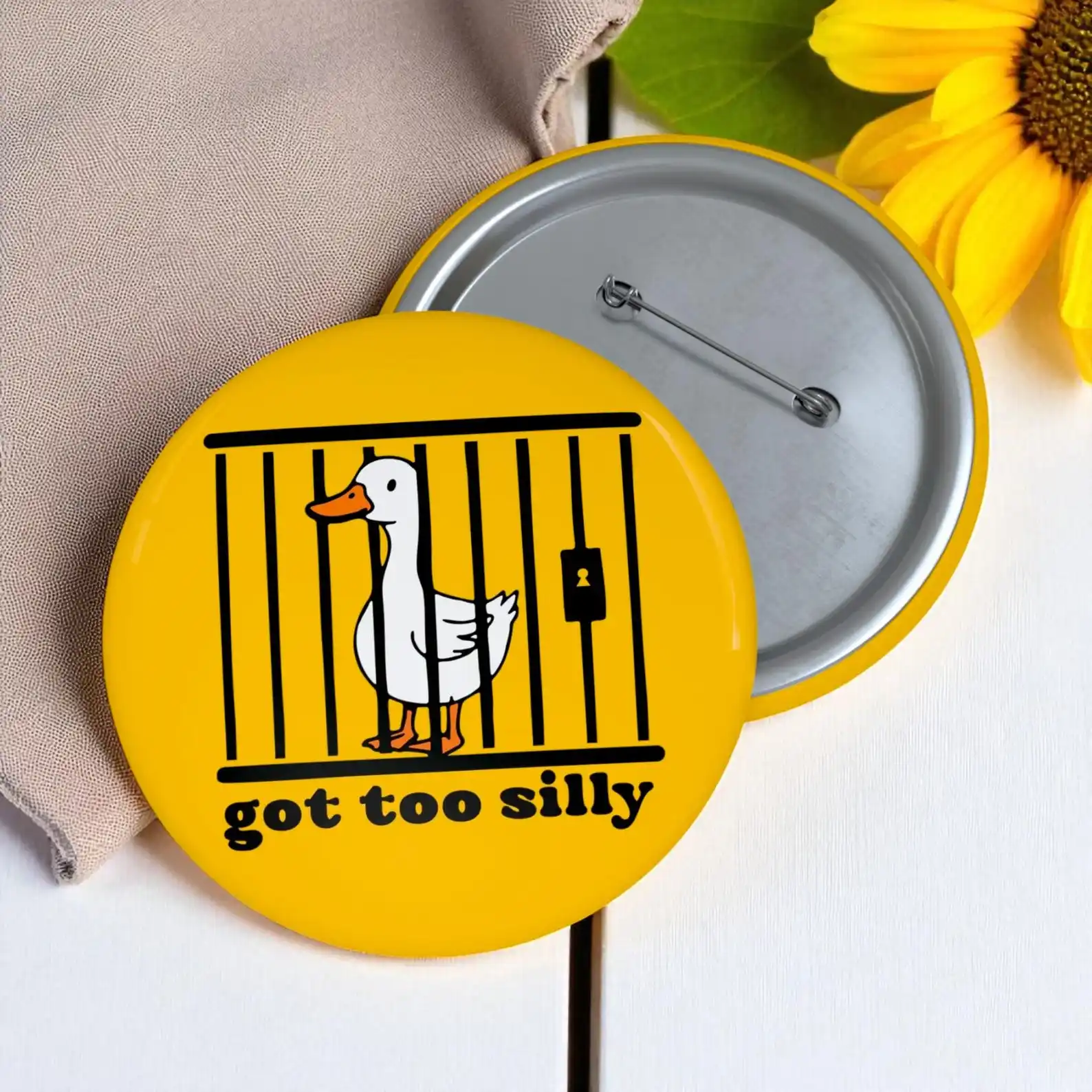 Silly Goose Button Pin, Got Too Silly, Funny Bird Pin, Goose Pin for Backpack Tote Bag Lanyard Accessory for Bird Lover