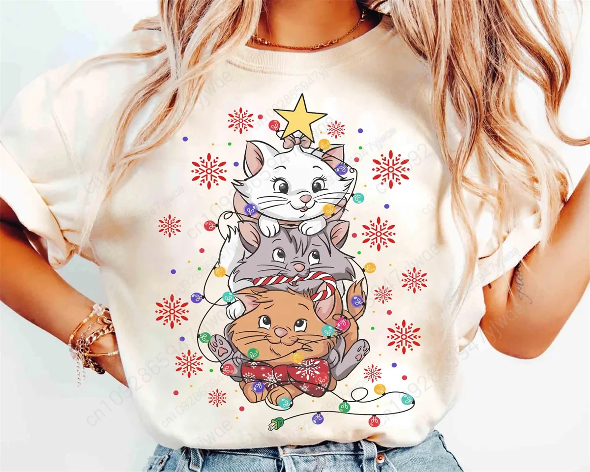 The Aristocats سانتا ماري أضواء عيد الميلاد قميص الأسرة عيد الميلاد قميص فضفاض ومريح أعلى الصيف المرأة القطن تي شيرت #2