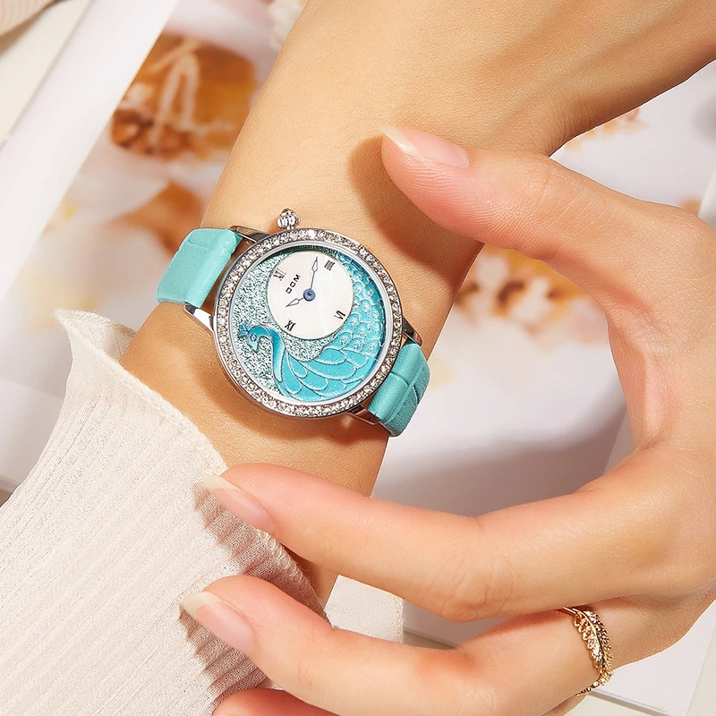 DOM 1597 أزياء المرأة كوارتز ساعات أنيقة الطاووس الماس الهاتفي حزام من الجلد للماء سيدات الأعمال عارضة ساعة اليد