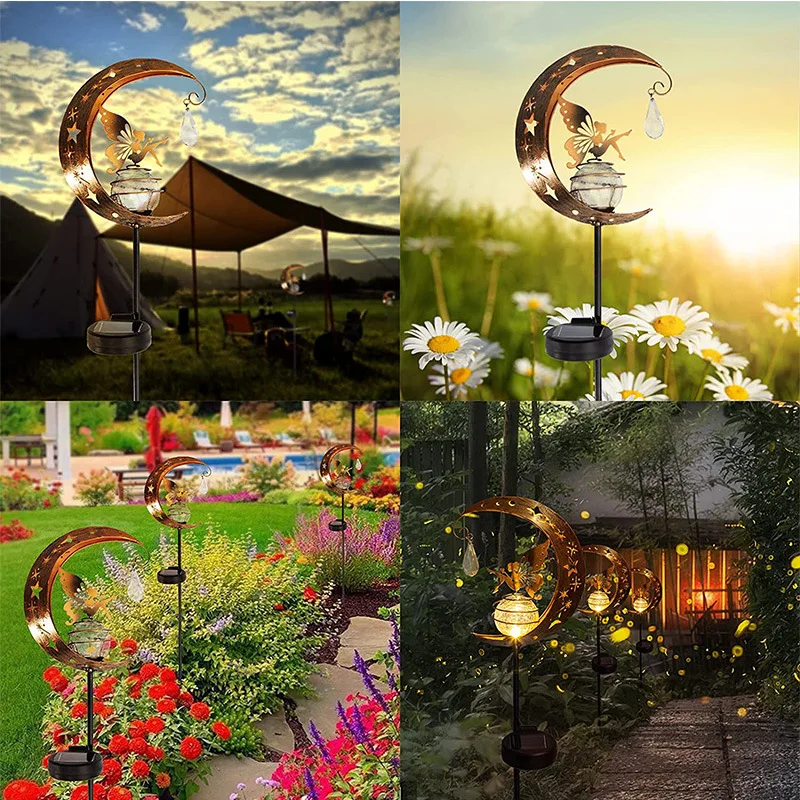 Fairy Solar Light Outdoor Led Light Garden Metal Moon Angel Statues Figurine Lawn Landscape For Yard Path Iron Art Decoration