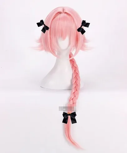 Peluca de Cosplay de Game Fate Apocryph Astolfo, peluca sintética resistente al calor rosa de 75cm, gorro de peluca y 3 nudos negros