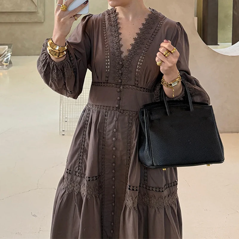 

Платье-рубашка с рукавами-фонариками, однотонное, с кружевными вставками, для отпуска, женское длинное платье, модное, с V-образным вырезом, весна-лето