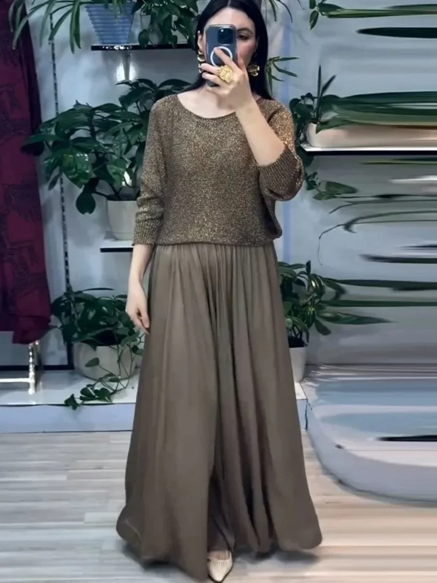 

Женские комплекты юбок из двух предметов с блестками, мусульманские костюмы, рубашки, топы с длинными рукавами, однотонные длинные юбки трапециевидной формы, элегантная эластичная талия, лето 2026