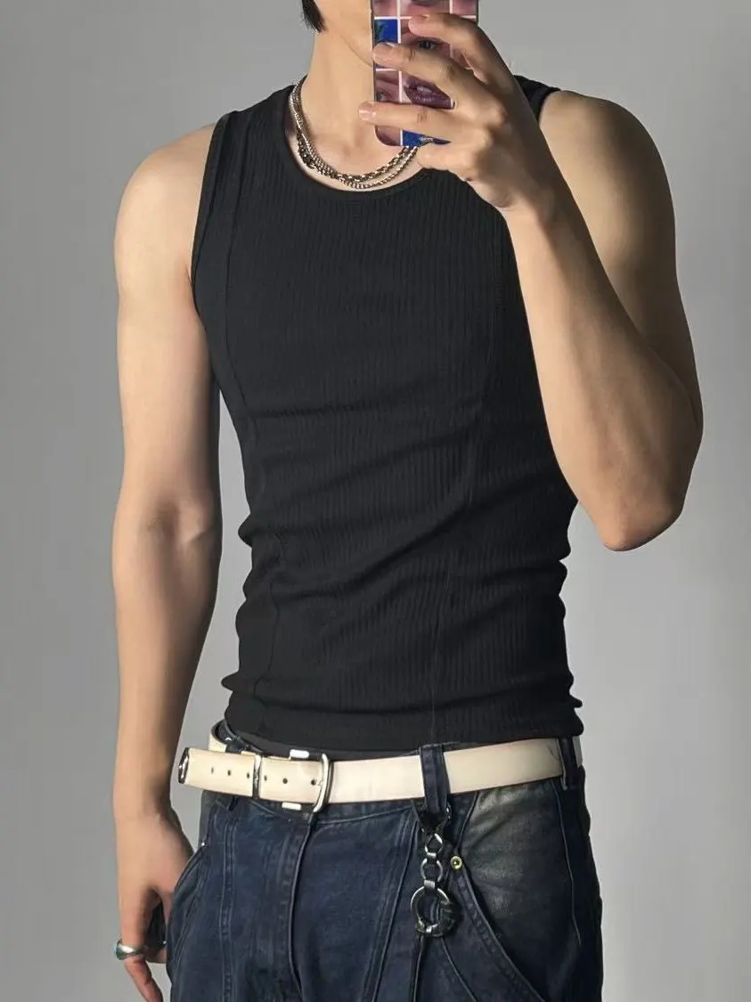 Retro  Color Men's Slim Fit Sleeveless Vest T-Shirt Summer New Sport Fitness Threaded Men's Inner Wear Base Shirt