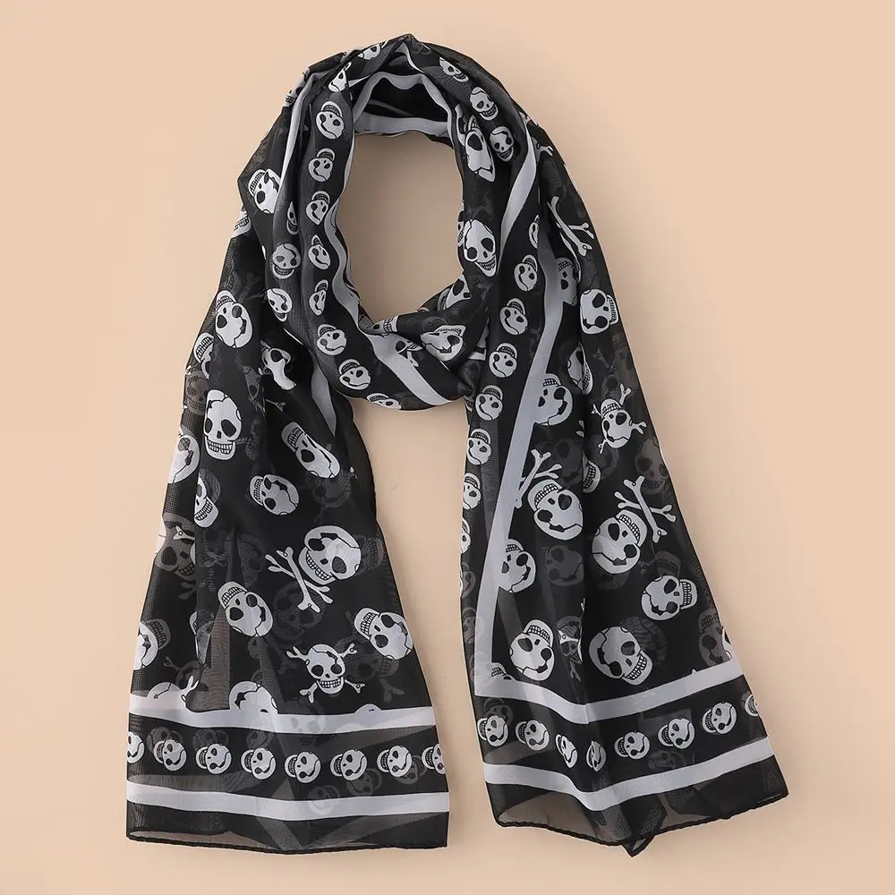 Women Foulard Skull Print Chiffon Georgette Scarf Bandana Elegant Long Shawl Hijab Summer Sun Protection Beach Scarves