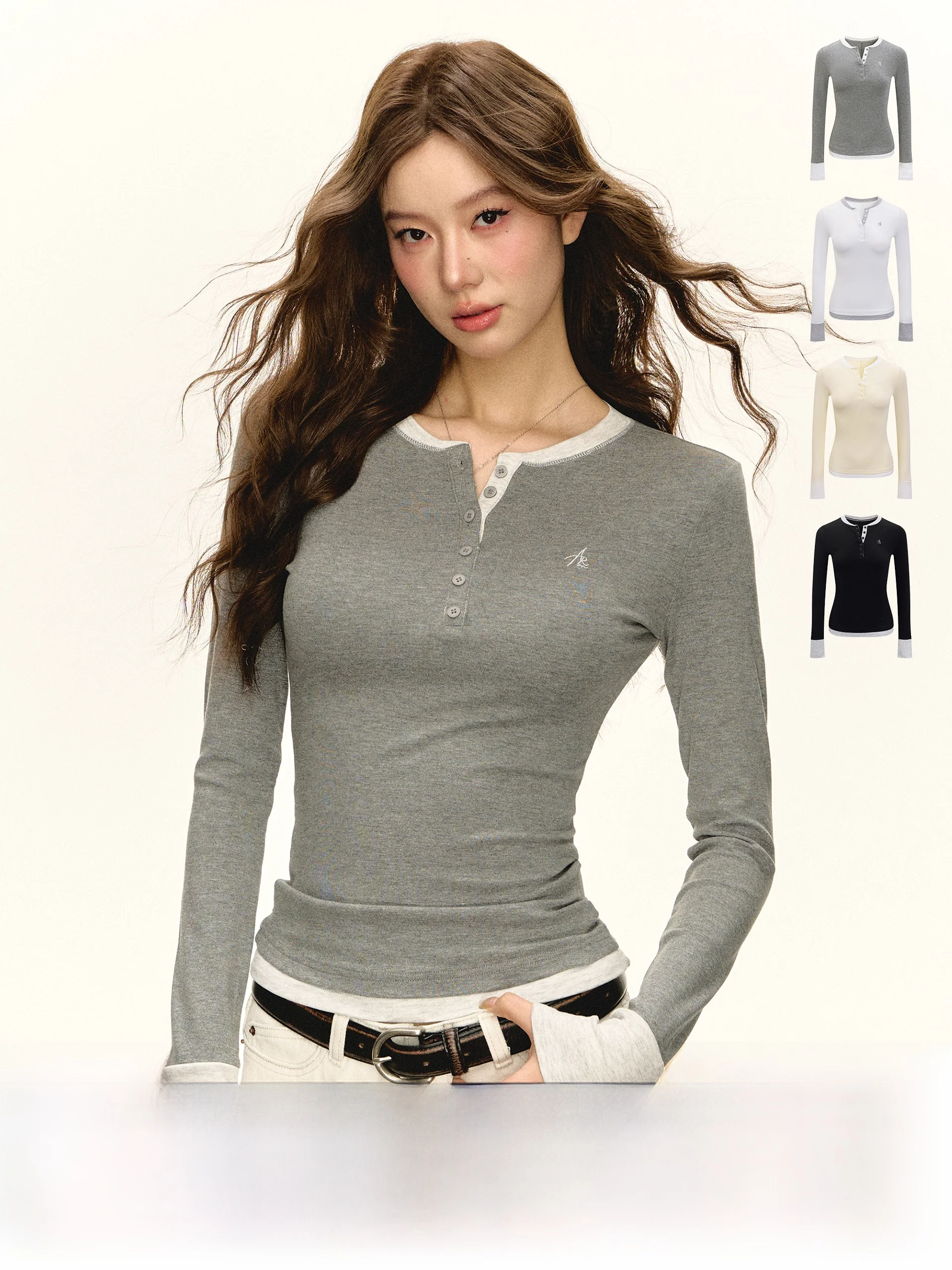 

Ariseism American Retro Sle Henry Collar Fake Two-Piece Long Sve T-irt Women's Slim Fit Top Casual Creative Design