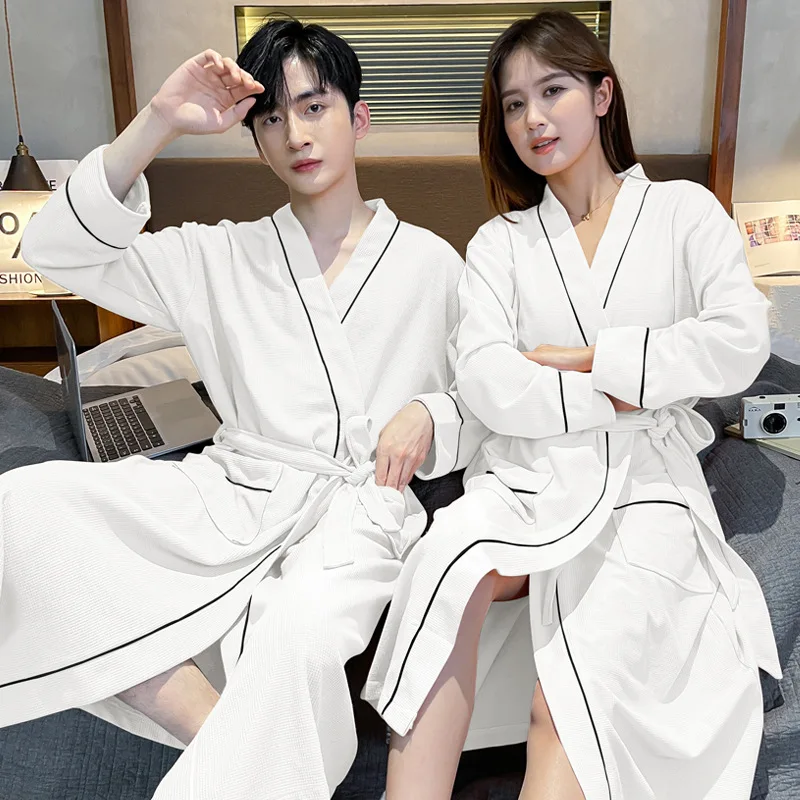 

Spring And Autumn Waffle Cotton Long Sleeved Couple Nightgown 2024 New Hotel Style Solid Color Women's Bathrobe Long Length Robe