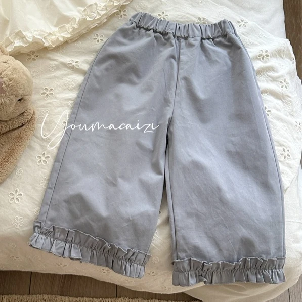 Girls Pants 2026 Spring and Autumn New Childrens Clothing Korean Style Girl Baby Wooden Ear Side Solid Color Straight Tube Pants