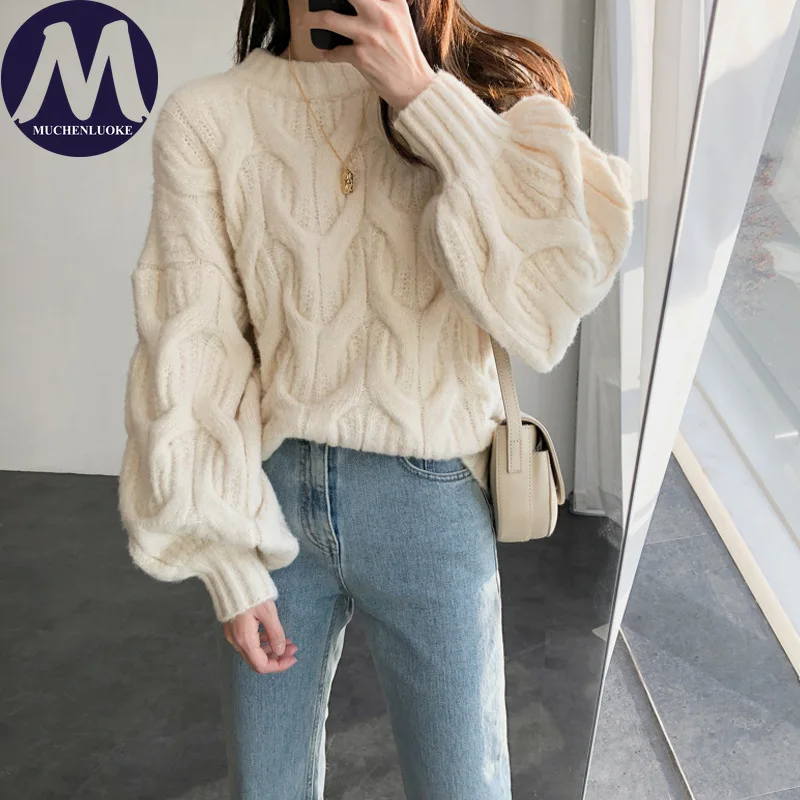 

Women's Autumn Winter Lazy Style Knitted Sweater O Neck Lantern Sleeve Korean Fashion Casual Loose Crochet Pullover