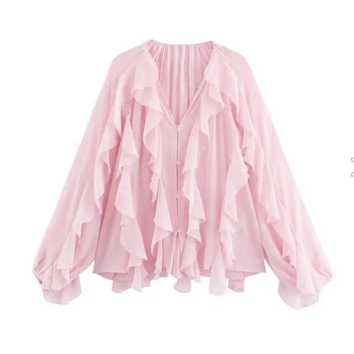 

Fashionable 2025 Summer Women's Shirt Elegant Cascading Ruffles Sexy V-Neck Loose Long Sleeves Women's Casual Blouse