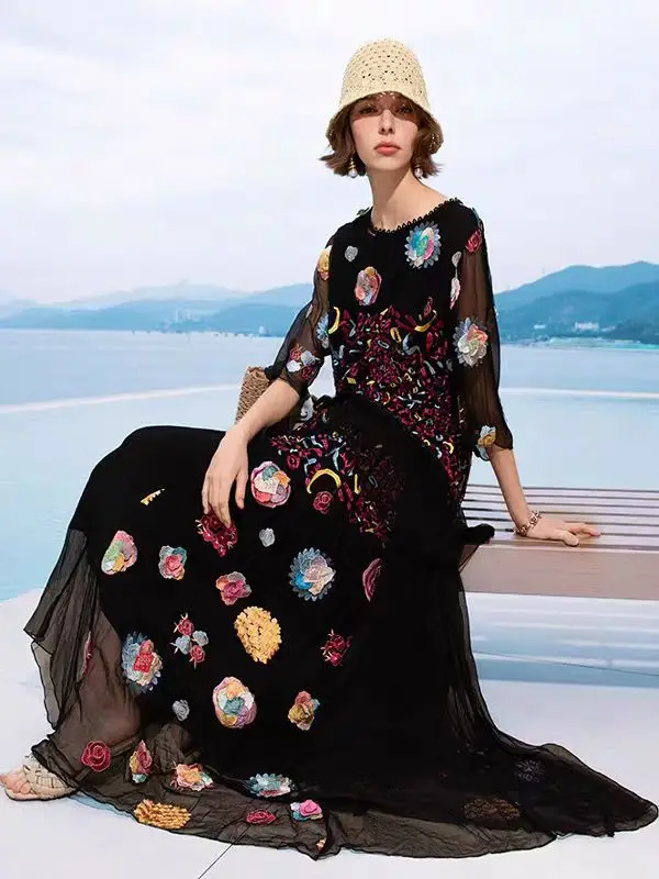 Exclusive Design Summer New Silk Three-Dimensional Embroidery O-Neck Lace Up Top+Elastic Waist Half Skirt Women's Two Piece Set