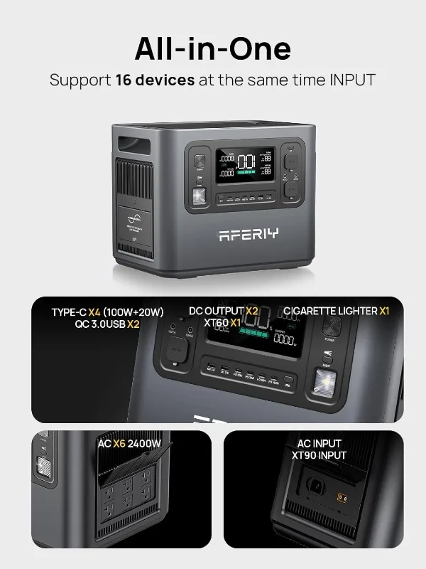 ملحقات المولدات الشمسية، محطة طاقة محمولة LiFePO4 بقدرة 2400 وات 2048 وات في الساعة مع شحن بالطاقة الشمسية بقدرة 1100 وات تيار متردد/500 وات، UPS لموجة جيبية نقية