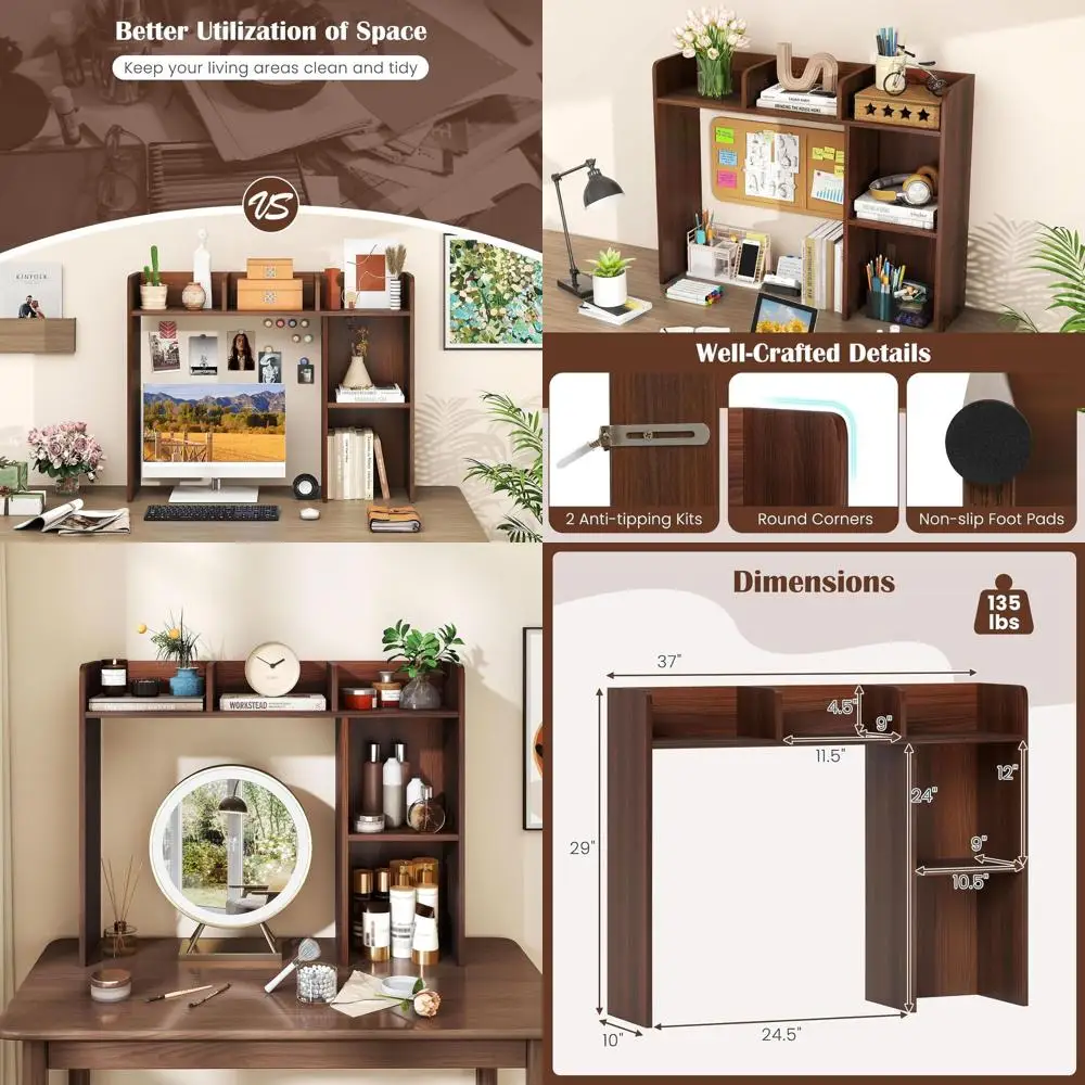 

3-Tier Wooden Countertop Bookshelf, 5-Shelf Desk Organizer, College Dorm & Home Office Display Rack, Hutch Top Only