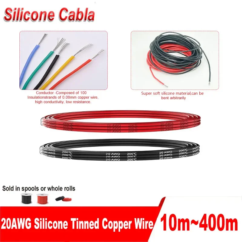 Soft and Flexible 20 Gauge Silicone Connecting Wire 100 Strands of 0.08 mm 20AWG Tinned Copper Wire High Temperature Resistant