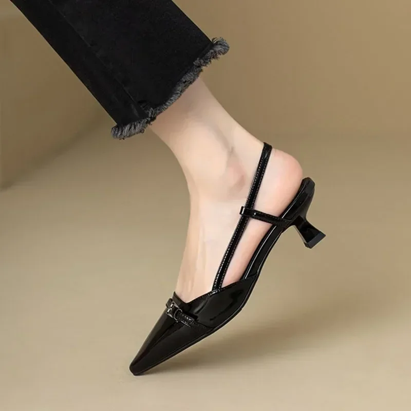 New Summer Women's Dress Shoes Pointed Toe Sandals Buckle Slingbacks Mid Heels Pumps Patent Leather Slip on