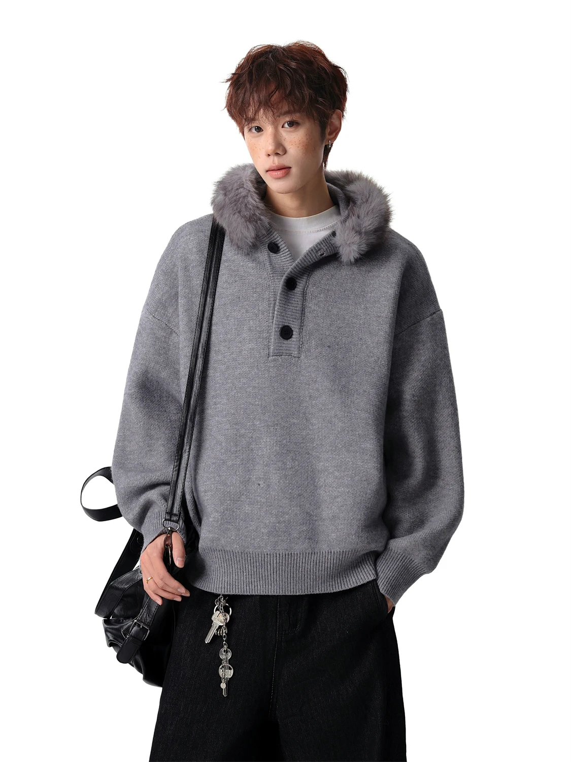 

Detachable Fur Collar Knitted Hat Men's American Retro Lazy Sle Sweater Autumn Winter Thiened Loose Sweater Casual Wear