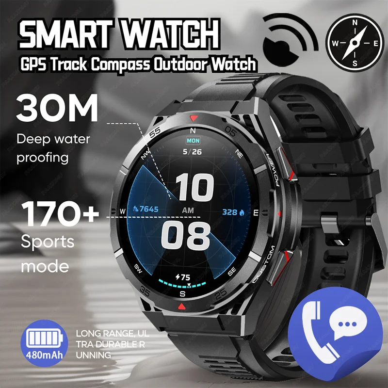 New Smart Watch GPS Sports Compass Altitude Air Pressure Blue Tooth Call 3ATM Waterproof Health AMOLED Screen Smartwatch 480Mah