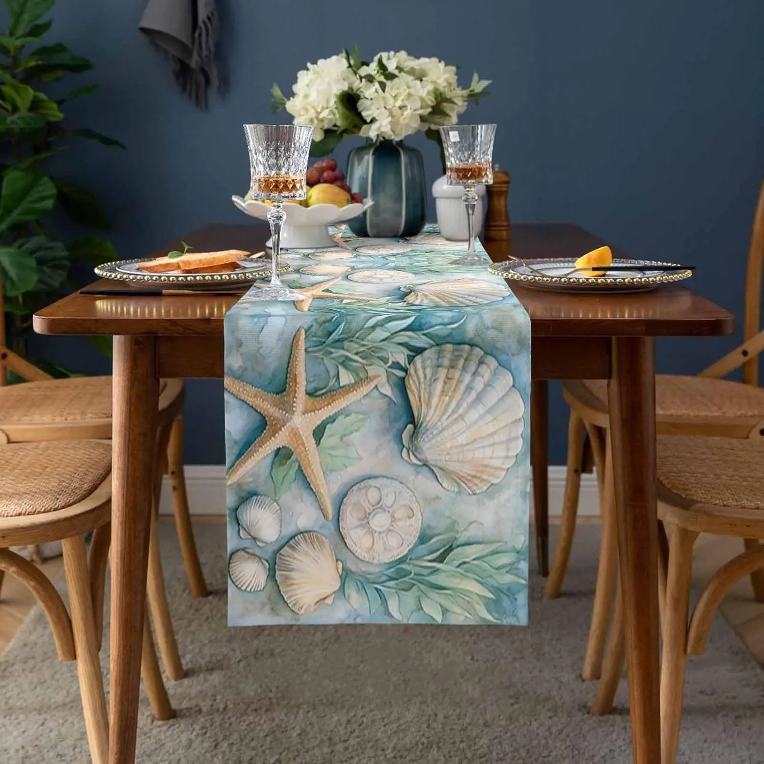 Summer Sea Shell Starfish Coral Linen Table Runner Holiday Party Decor Green Ocean Life Table Runners Kitchen Dining Table Decor